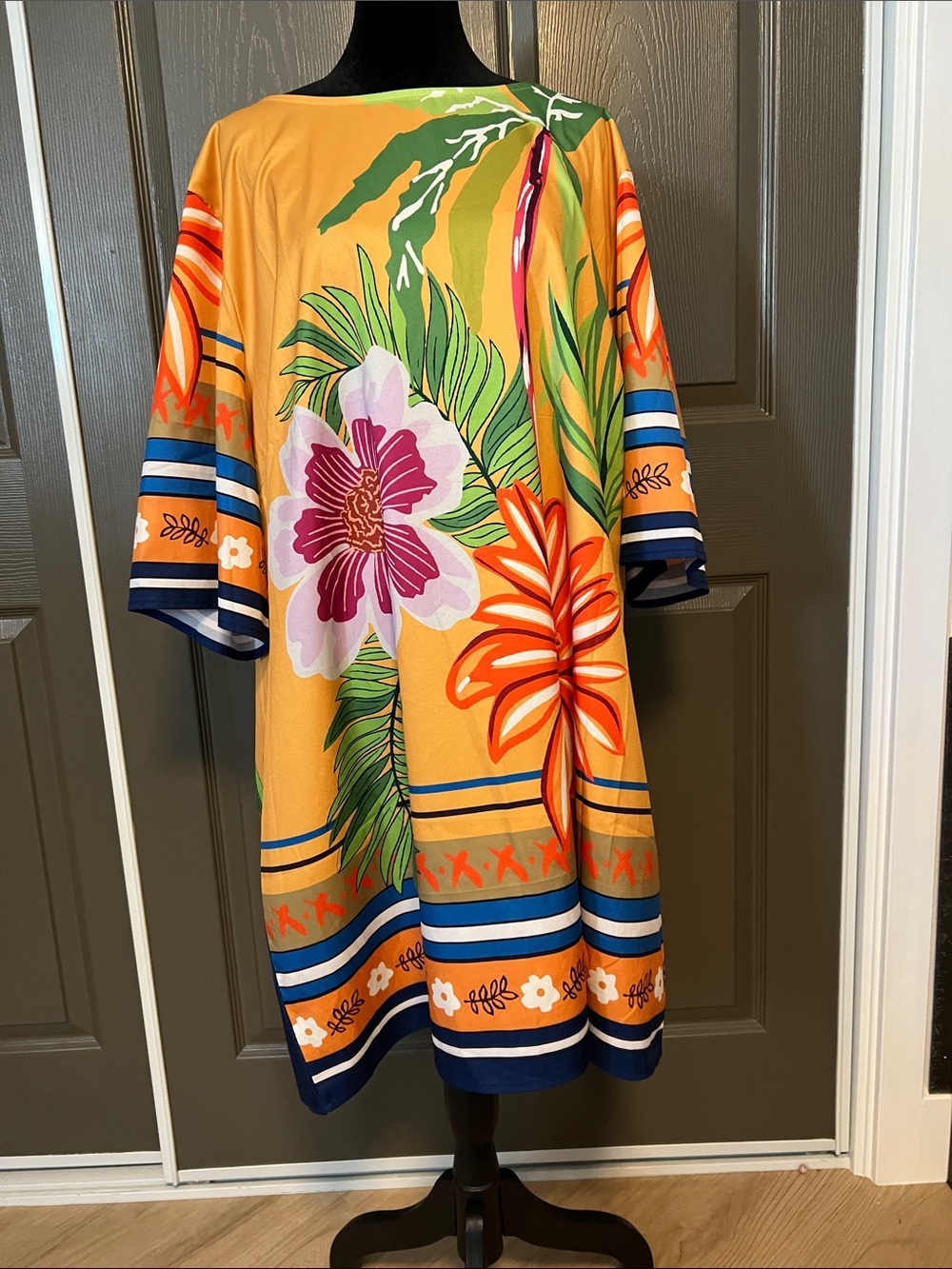 Tropical Yellow Floral Midi Dress with Bold Print
